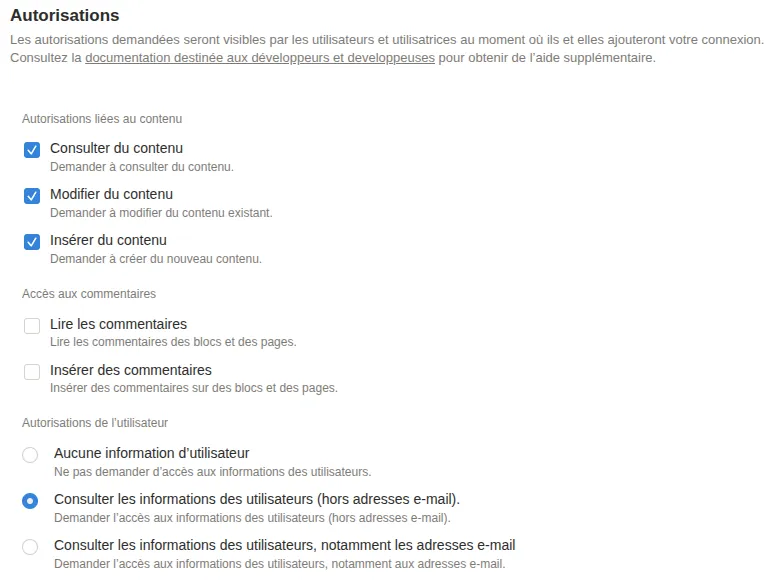 Notion gestion des autorisations du token d'intégration