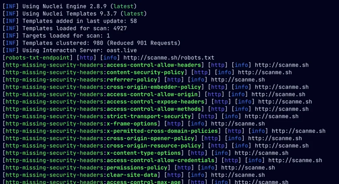 Exemple de rendu de rapport de scan Nuclei dans le terminal
