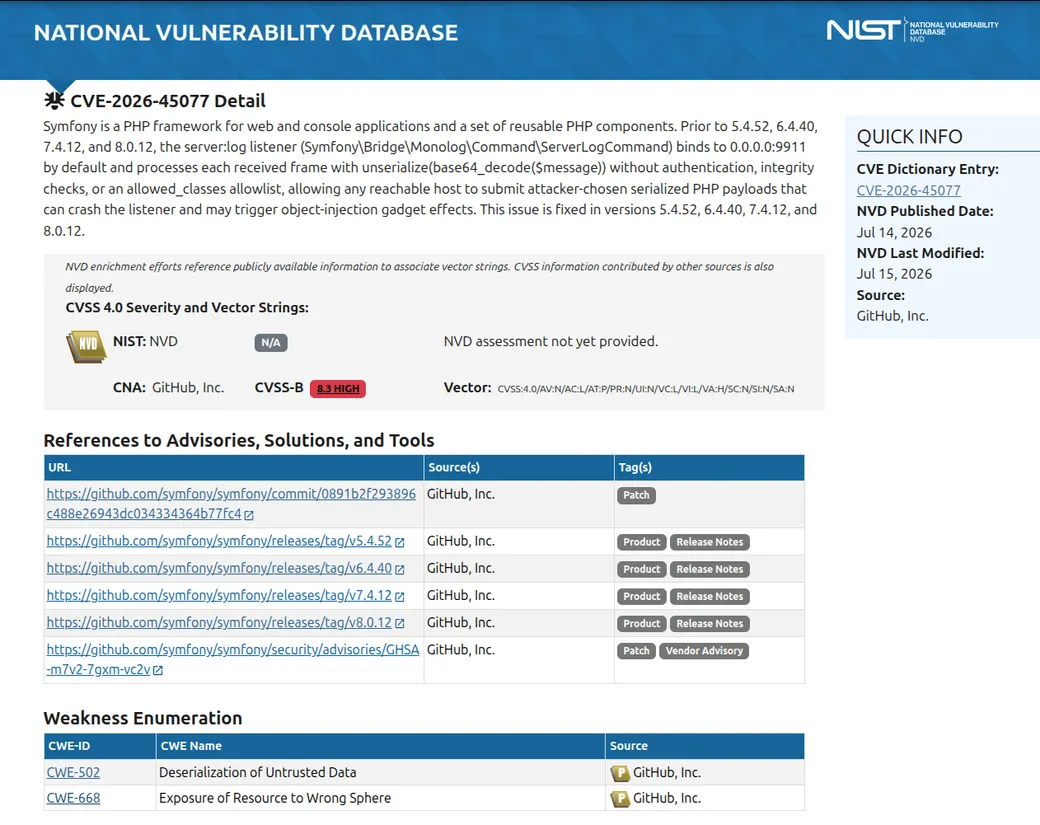 Fiche NVD de CVE-2026-45077 : description de la faille Symfony, versions corrigées, références vers les correctifs et tableau des CWE associées