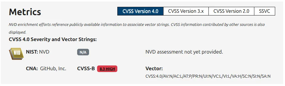 Panneau des métriques CVSS 4.0 de la même CVE : score de base 8.3 HIGH attribué par le CNA, avec la chaîne de vecteur