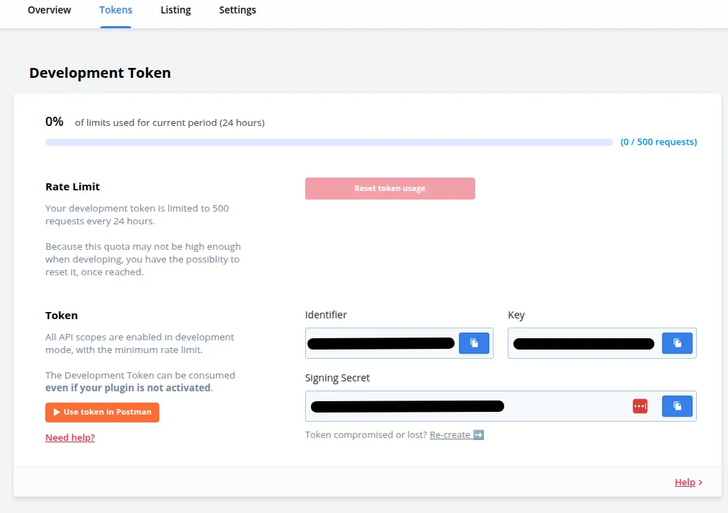 Capture d'écran de l'interface Marketplace Crisp affichant l'onglet Tokens avec les champs Plugin ID et Production Key nécessaires à l'authentification API.
