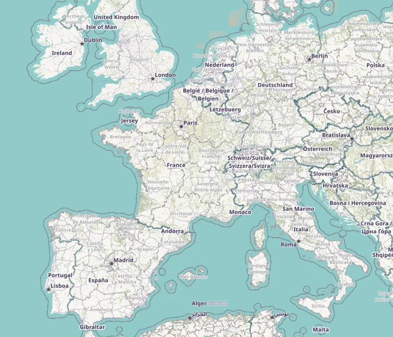 Extrait OSM des limites administratives : frontières nationales et découpages territoriaux
