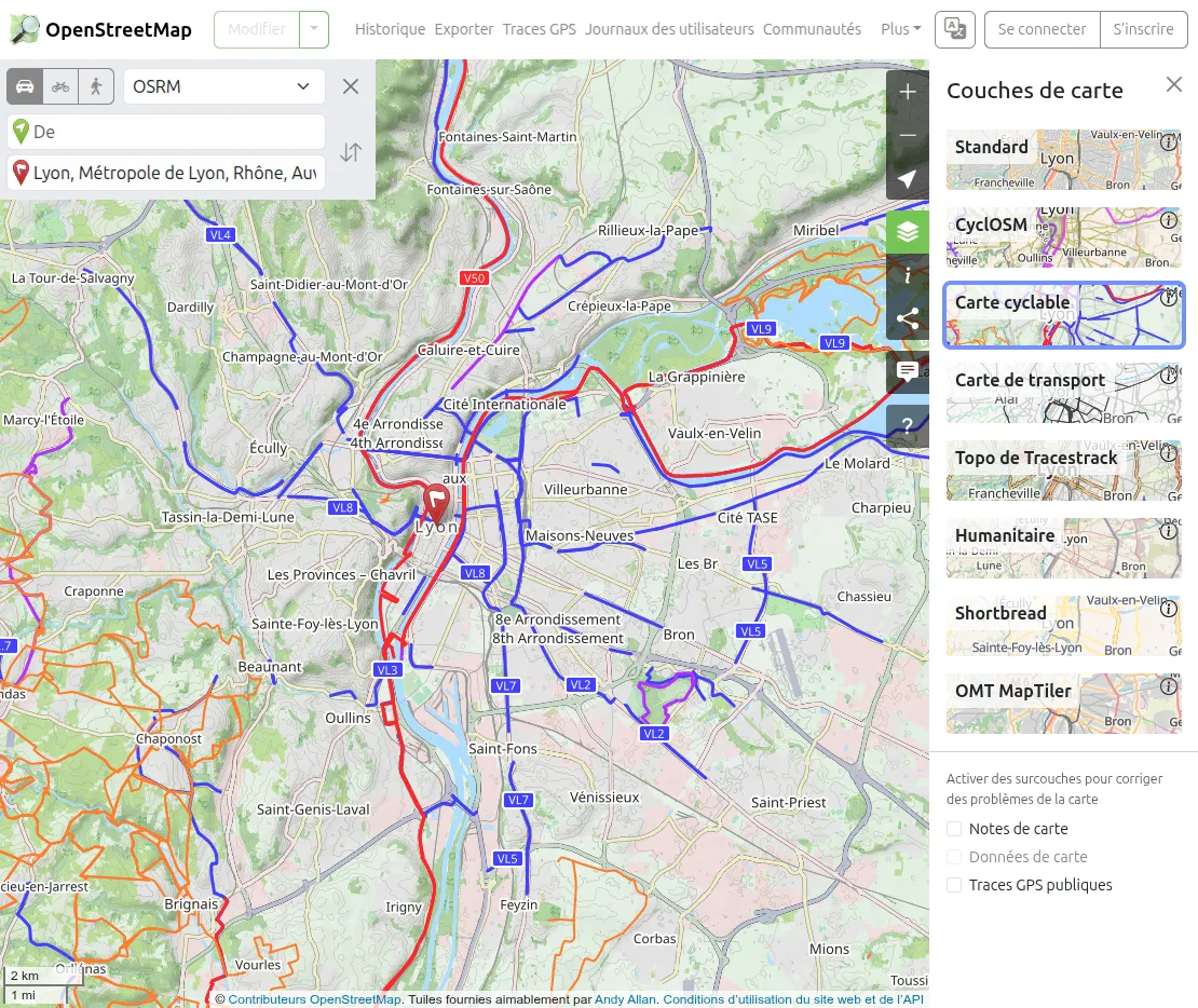 Aperçu de la carte OpenStreetMap avec ses couches et son menu de sélection