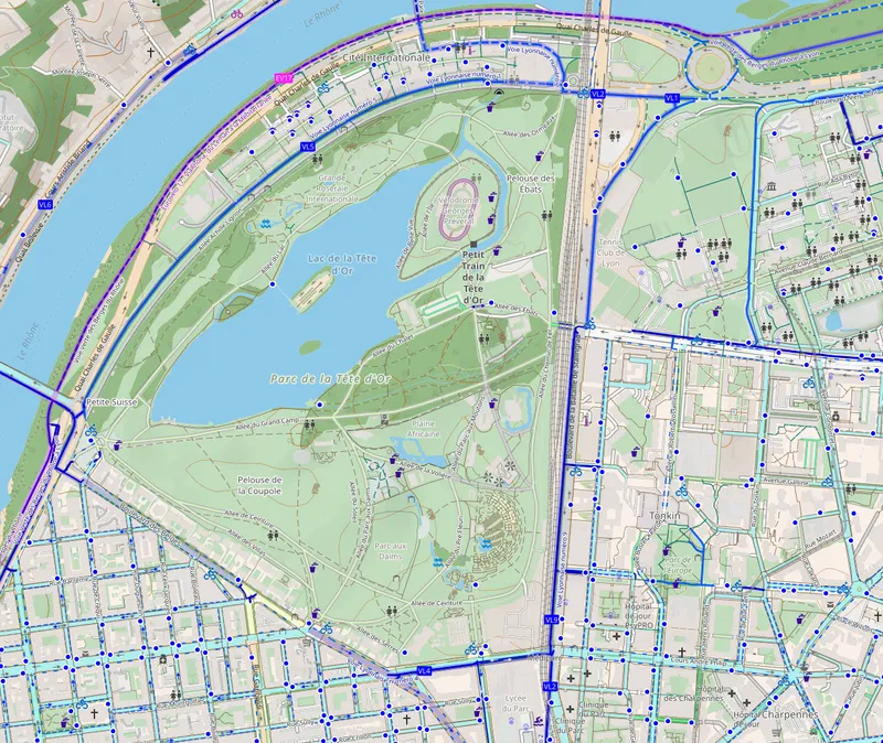 Couche CyclOSM : infrastructure cyclable en bleu sur fond clair