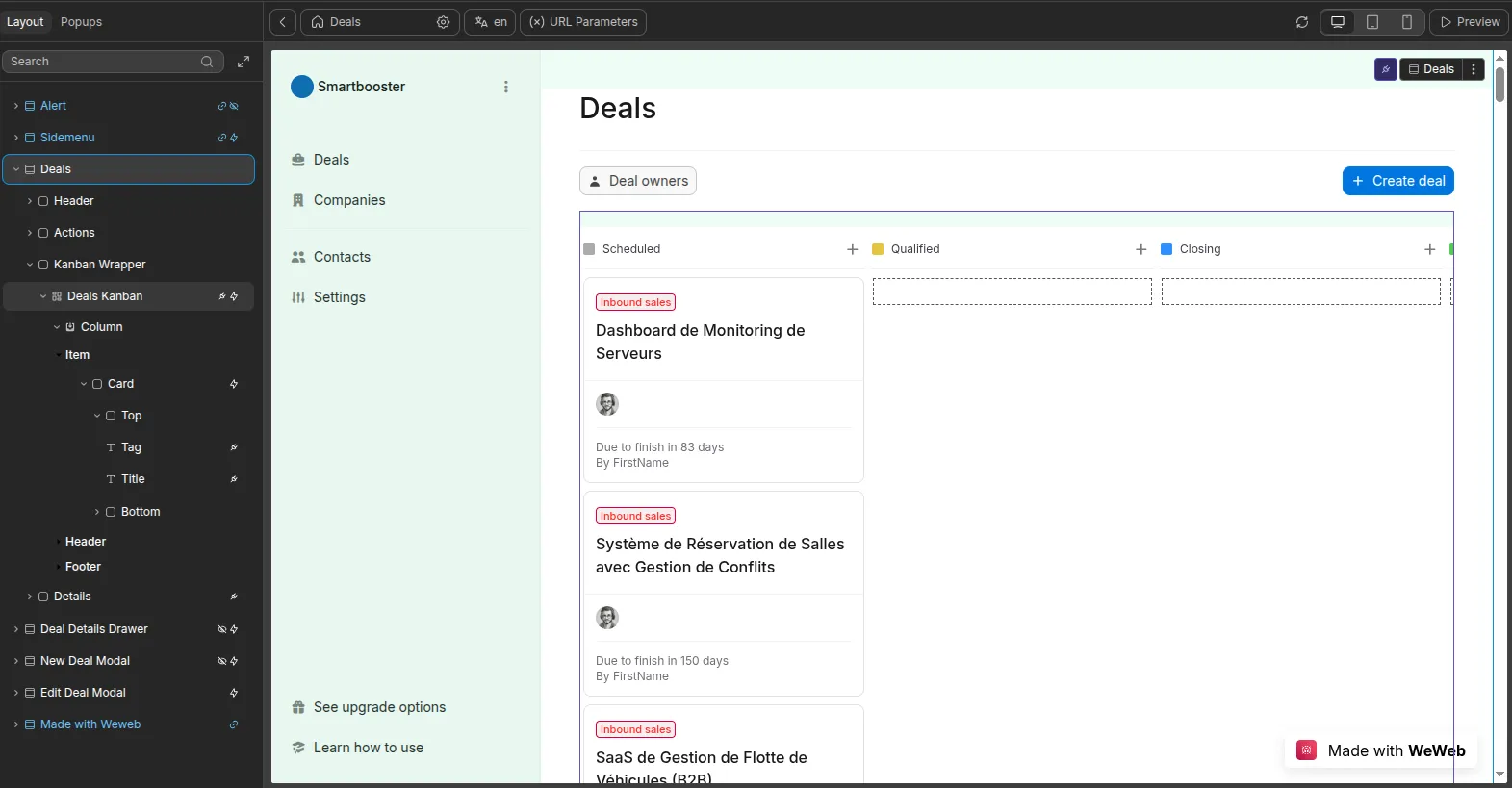 Panneau d’éléments WeWeb : arborescence des composants de la page Deals (header, kanban columns, modales)