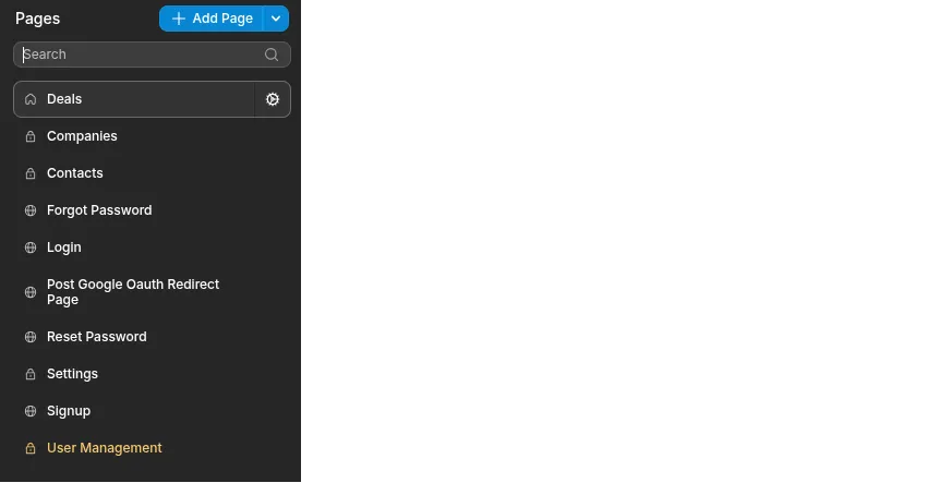 Panneau de navigation WeWeb : liste des pages du projet (Deals, Login, Settings, Account)