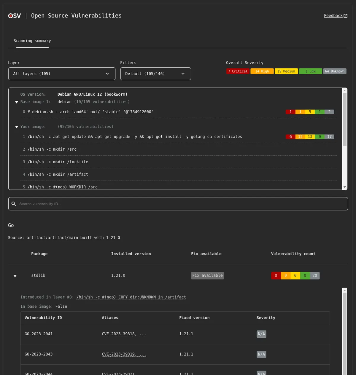 Rapport HTML d'OSV-Scanner listant les vulnérabilités connues des dépendances d'un projet, avec leur gravité