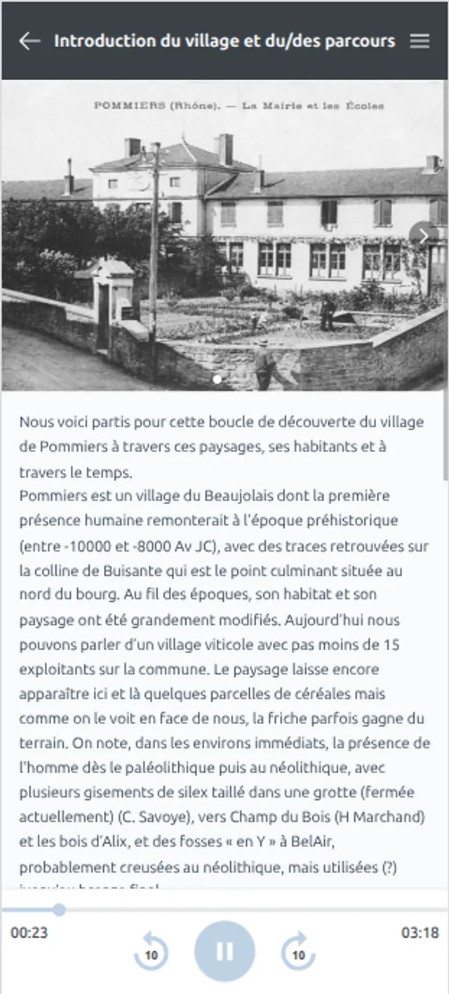 Fiche d'un point d'intérêt avec galerie photo, texte et lecteur audio