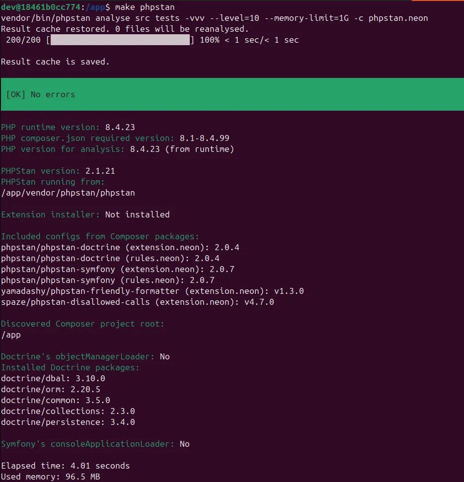 Terminal affichant une analyse PHPStan avec des erreurs de type détectées
