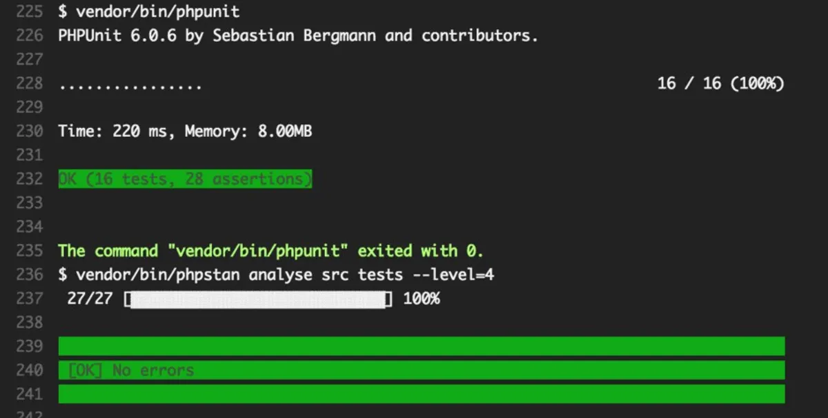 Suite de tests PHPUnit exécutée avec succès sur un projet Symfony, condition d'un correctif appliqué sans régression
