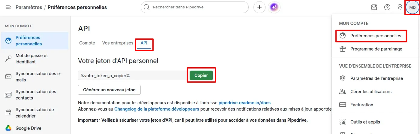 Pipedrive accès au jeton personnel API