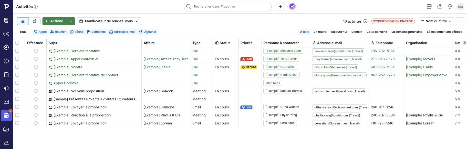 Pipedrive interface liste des activités avec leurs types et statuts