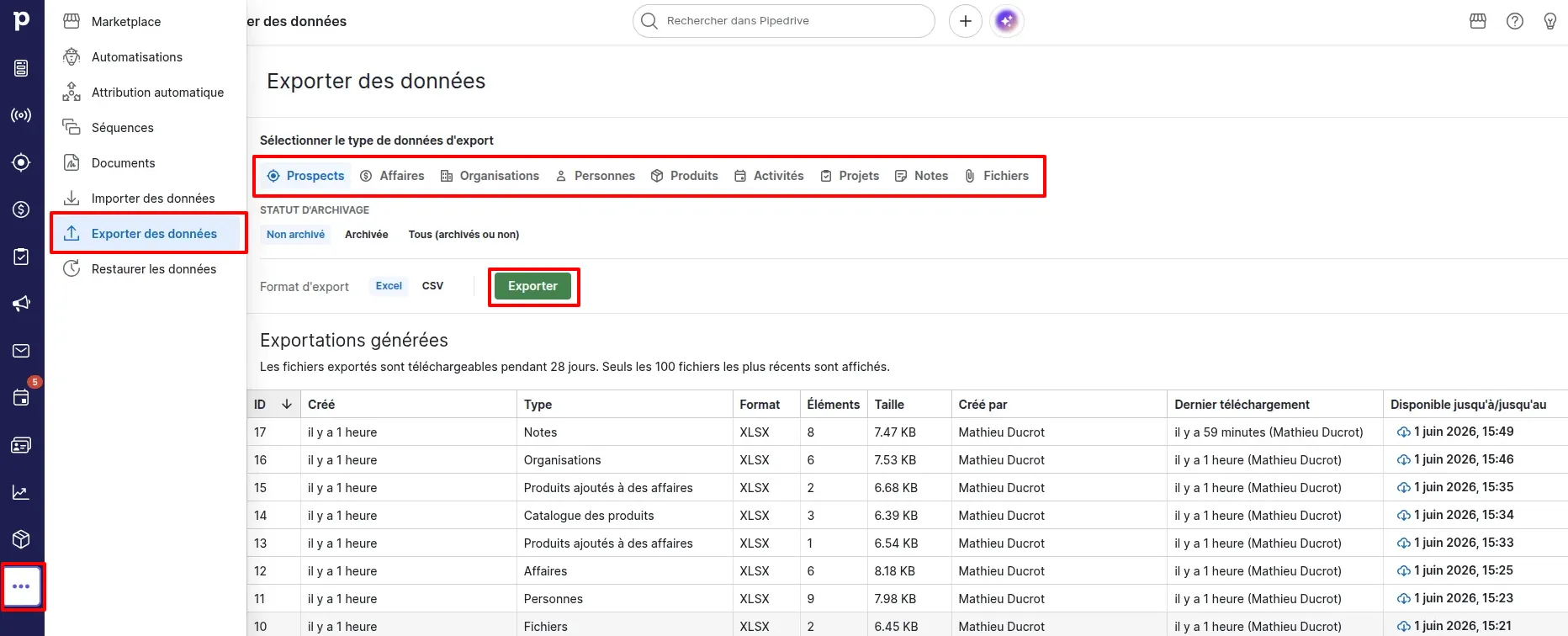 Pipedrive accès à l'export des données