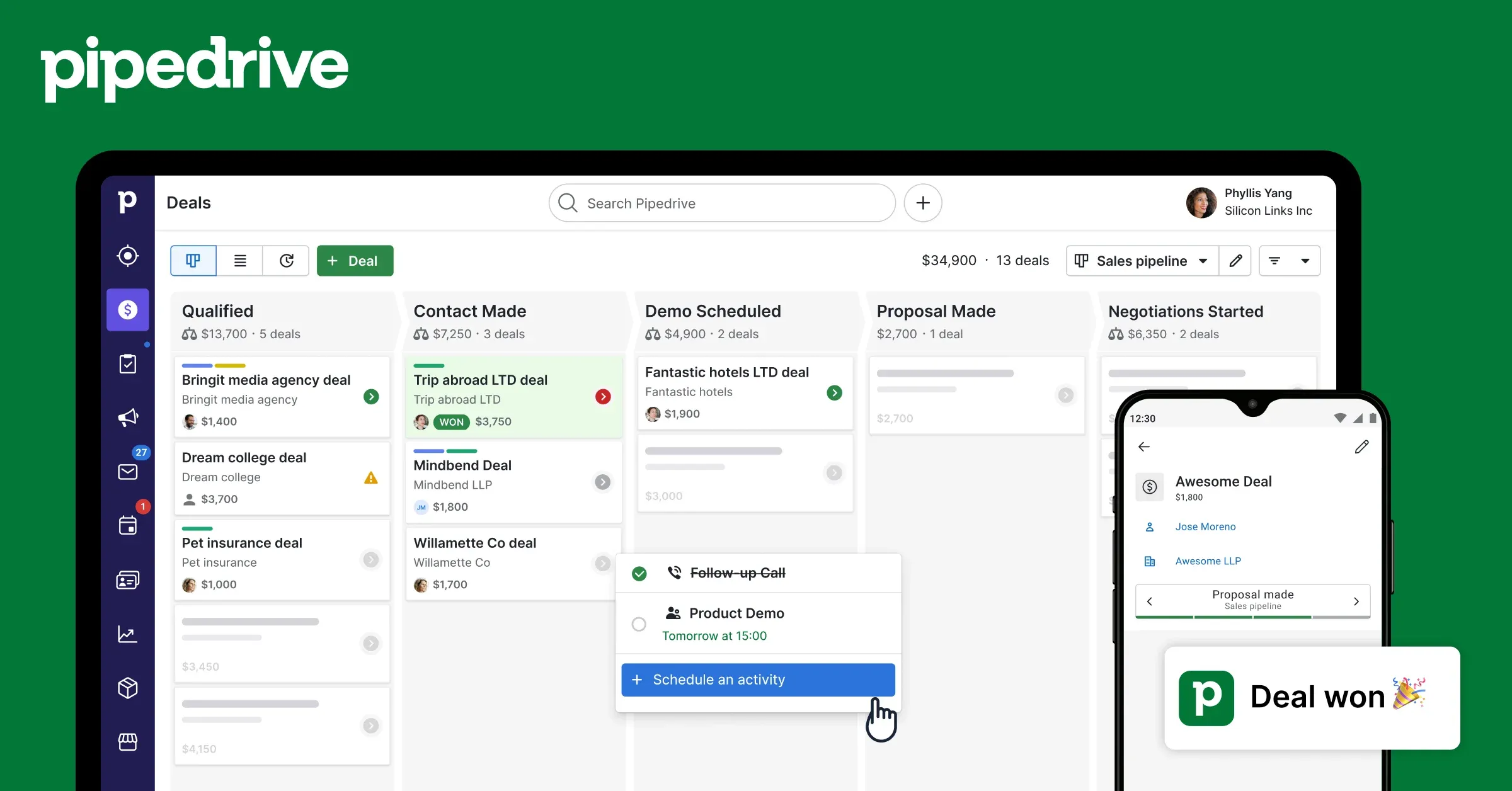 Interface Pipedrive : vue pipeline avec affaires en colonnes Kanban