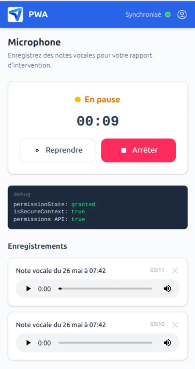 Enregistrement audio dans une PWA mobile