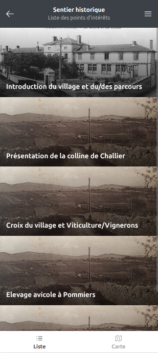 Liste des points d'intérêt d'un parcours de visite guidée sur smartphone