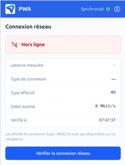 PWA en mode hors ligne : débit 0 Mbit/s