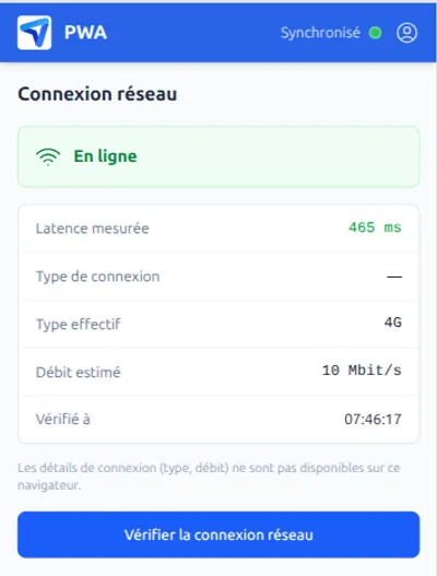 PWA avec connexion 4G active : 10 Mbit/s