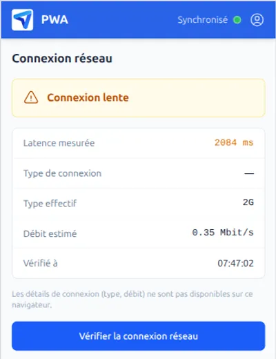 PWA avec connexion lente 2G : 0.35 Mbit/s