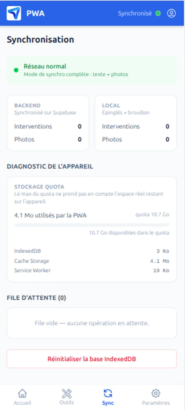 Tableau de bord de synchronisation PWA avec file d'attente et diagnostic de stockage