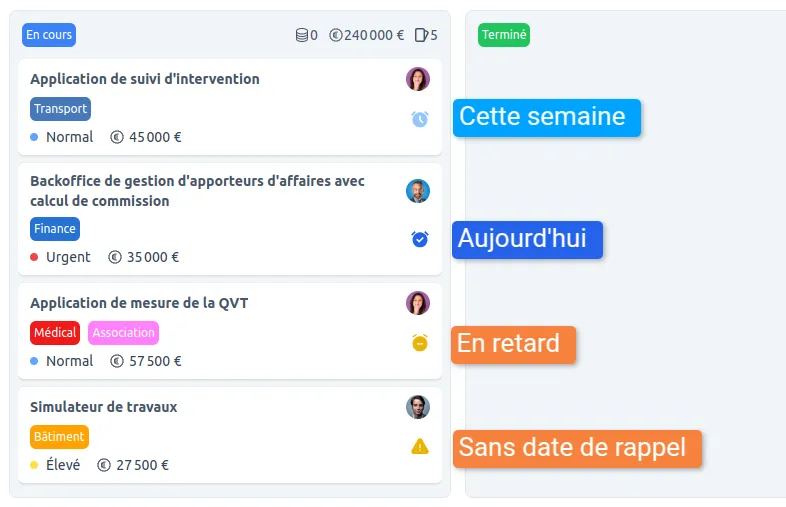 Rappels organisés par colonne temporelle