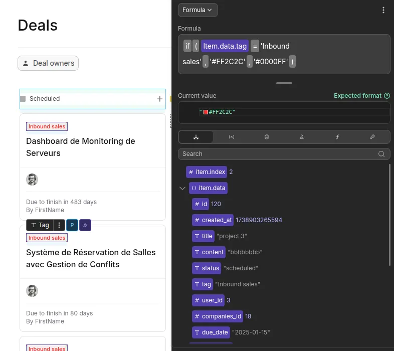 Panneau de liaison WeWeb : fenêtre de formule ouverte pour conditionner la couleur d’un label, à répéter pour chaque propriété visuelle