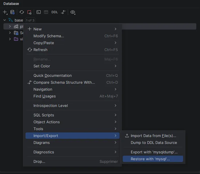 Restore with mysql dans PhpStorm
