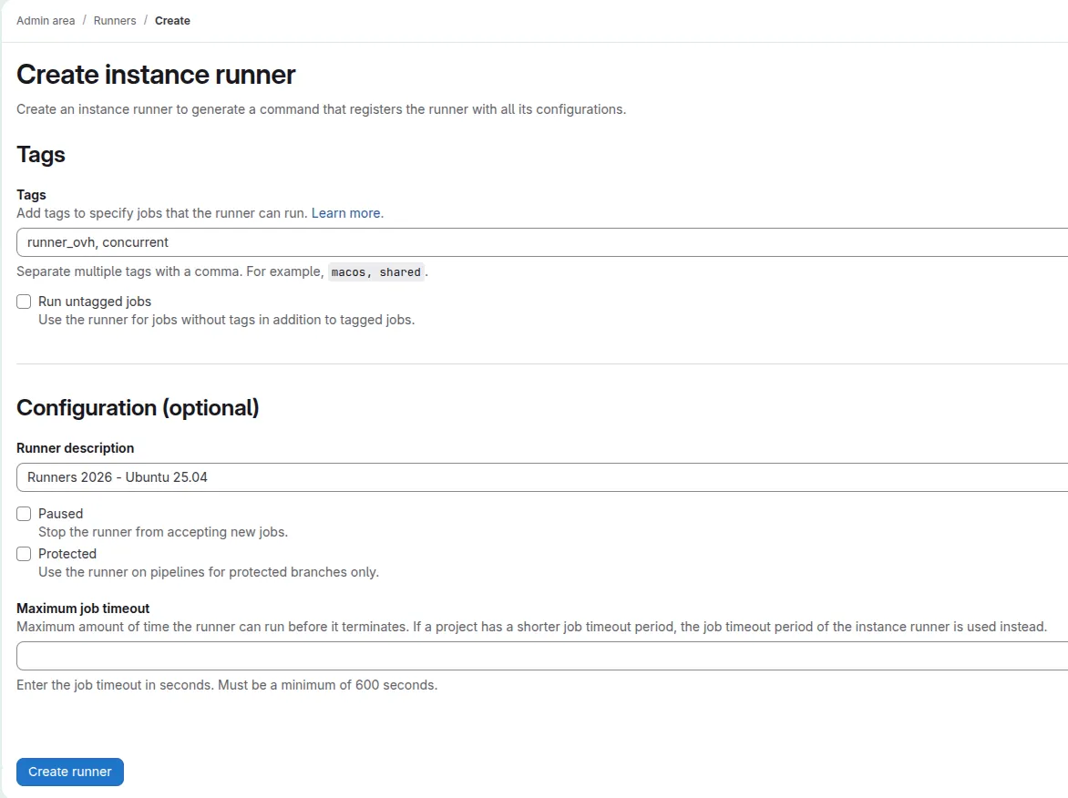 Écran Gitlab de création de runner