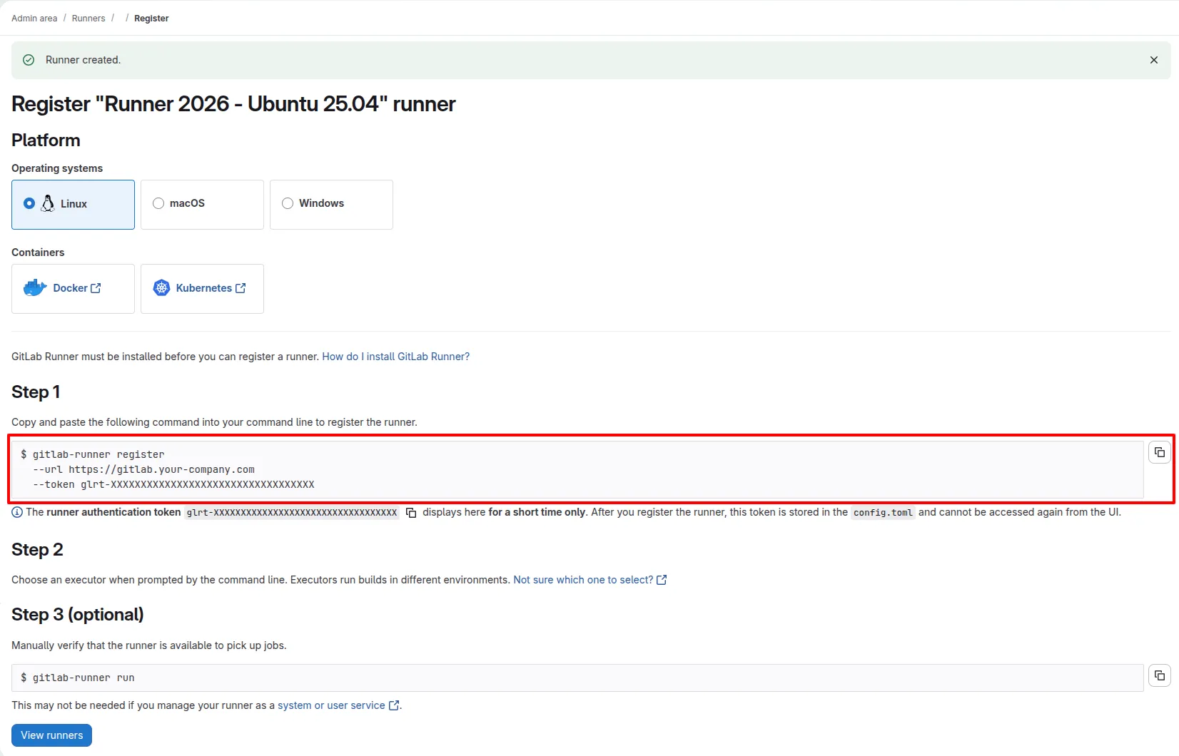 Écran Gitlab de récupération de l'authentication token du runner