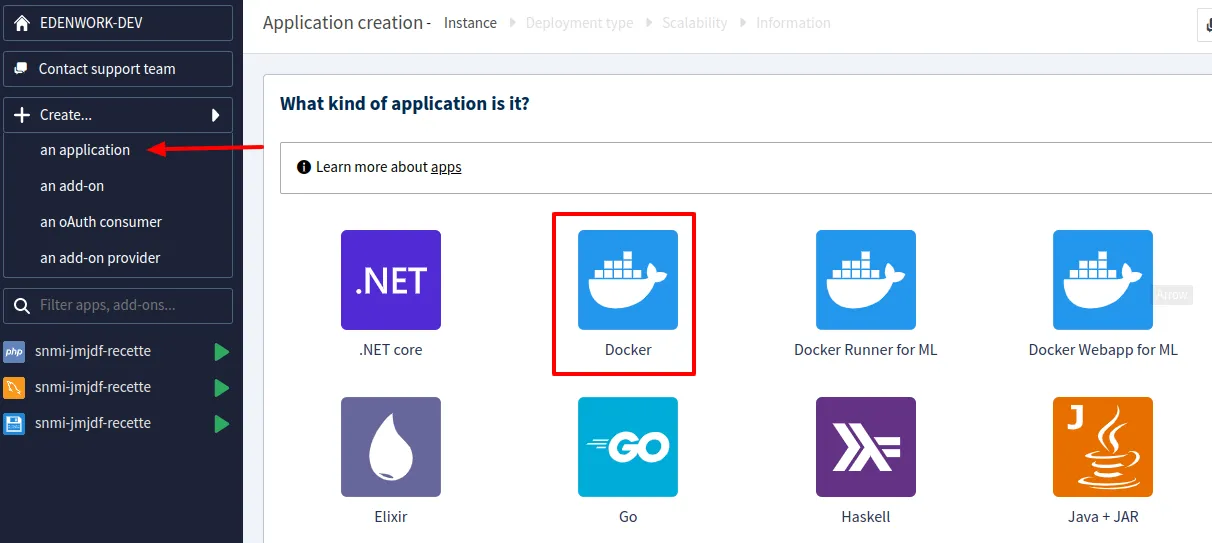 Sélection du runtime Docker dans la console Clever Cloud