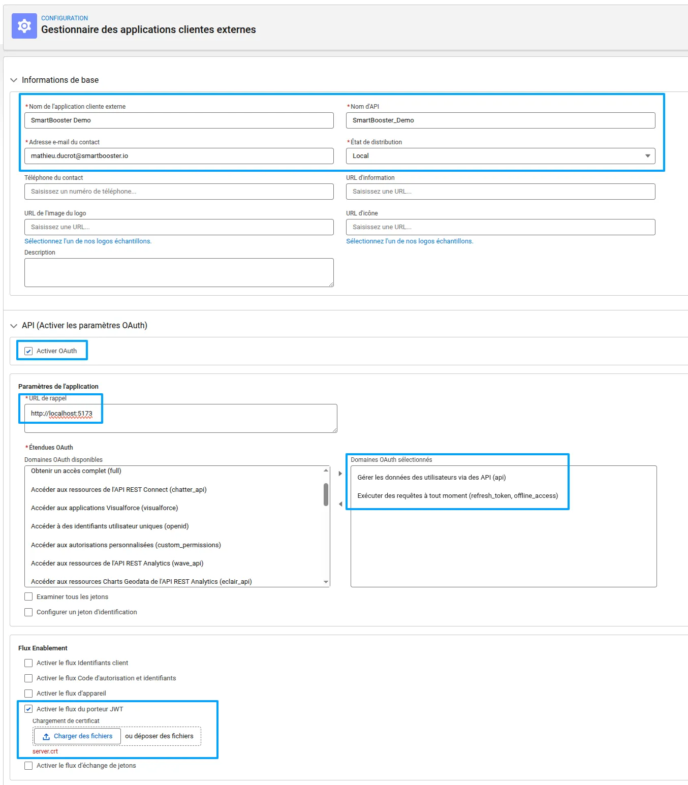Données à renseigner dans le formulaire Salesforce de création d'application externe