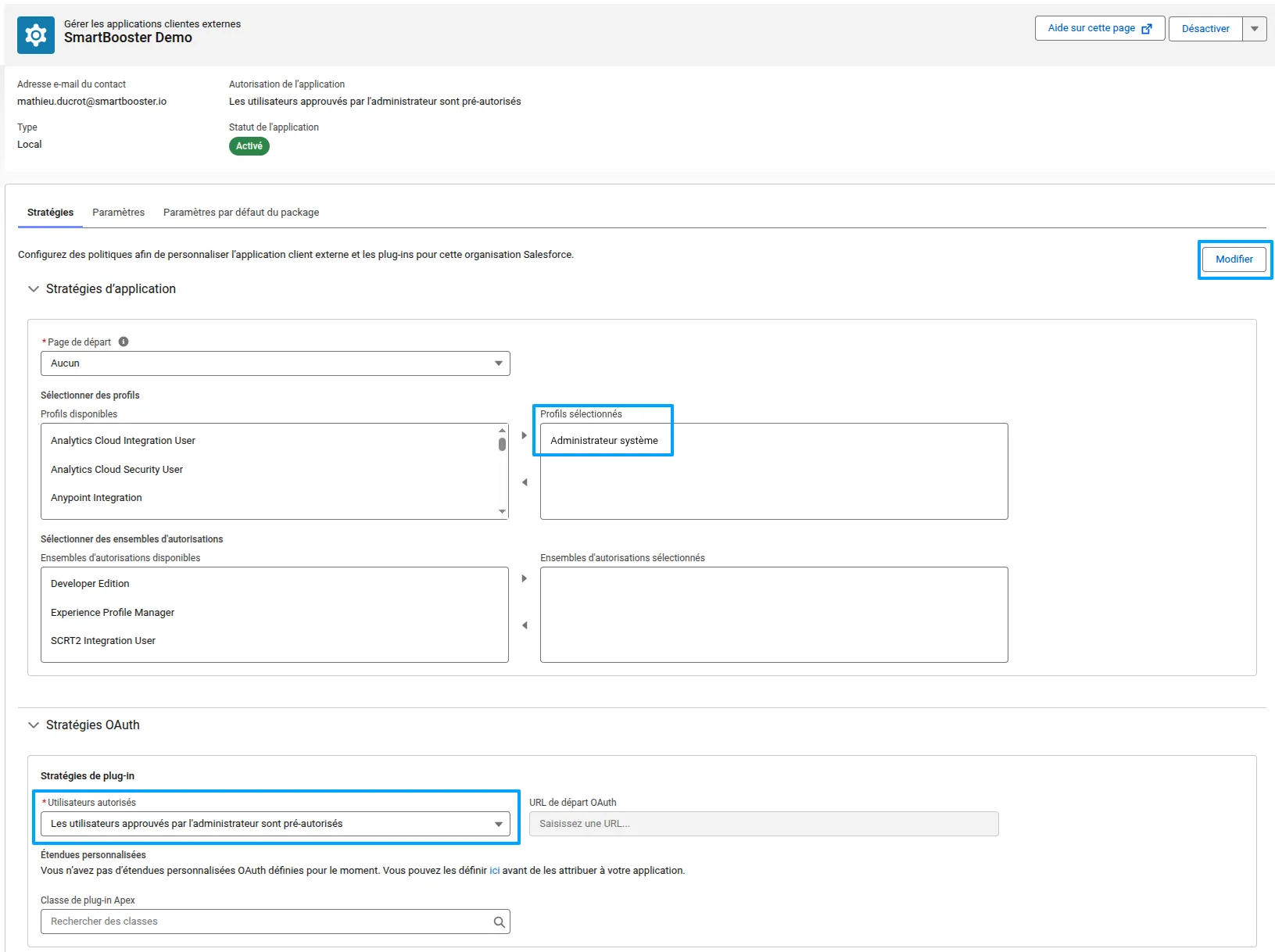 Écran Salesforce de gestion des stratégie OAuth des applications externe