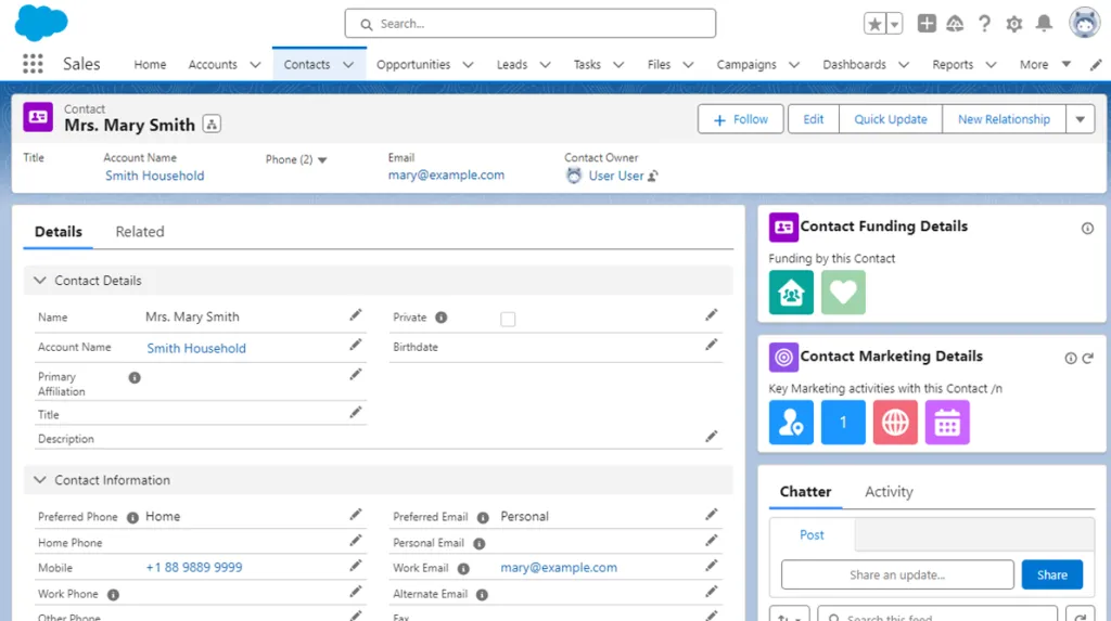 Interface Salesforce : vue détail d'un contact avec champs personnalisés et activités