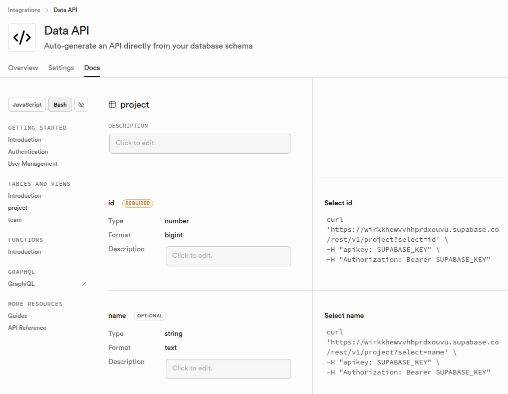 Écran de docs simplifié auto généré côté Supabase des endpoints REST API