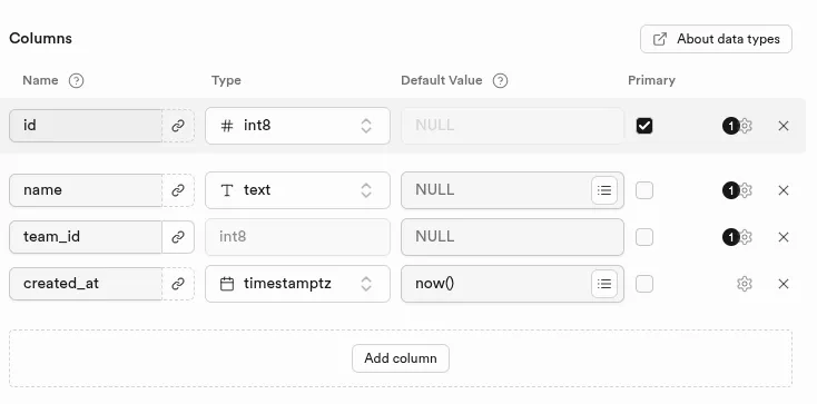 Interface supabase d'édition des colonnes d'une table
