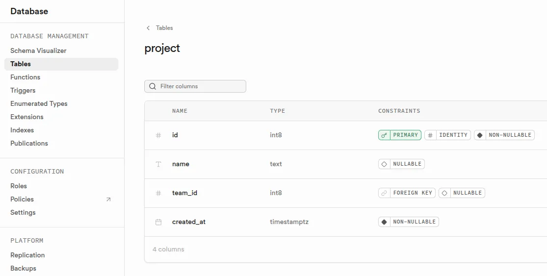 Interface de visualisation supabase des colonnes d'une table