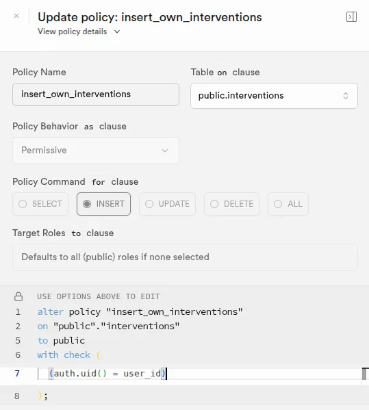 Interface Supabase d'édition d'une policy