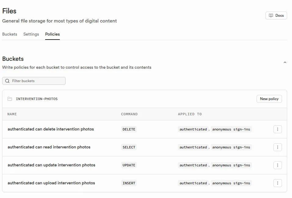 Écran de configuration Supabase des policies sur les bucket des fichiers