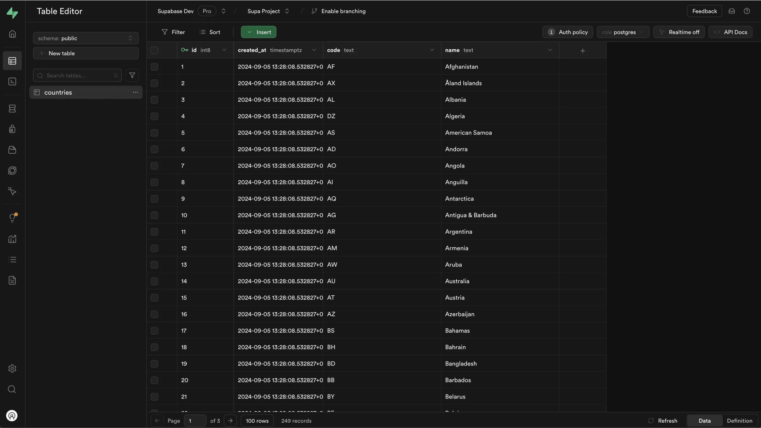 Interface Supabase : vue table et éditeur SQL du studio