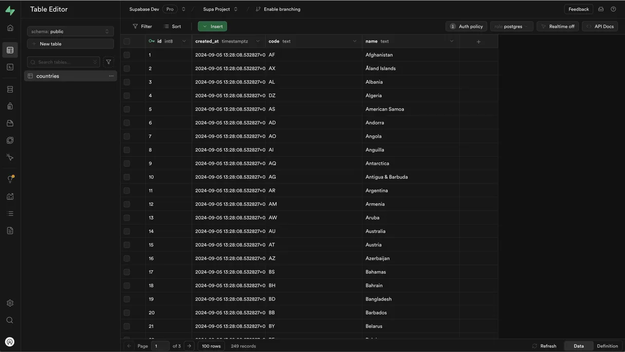 Interface Supabase : vue table et éditeur SQL du studio
