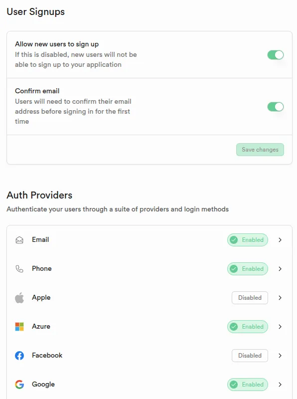 Écran de configuration Supabase des providers d'authentification