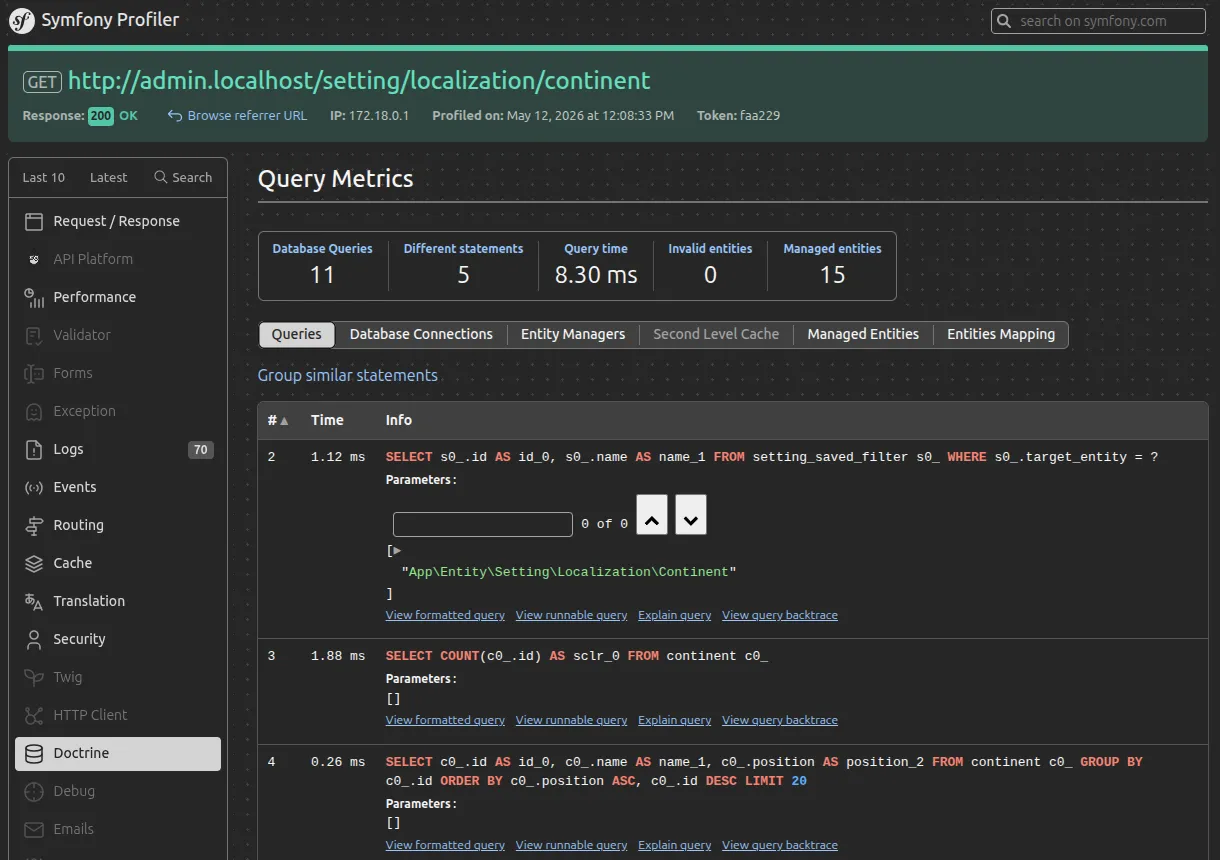 Interface Profiler Symfony des requêtes Doctrine