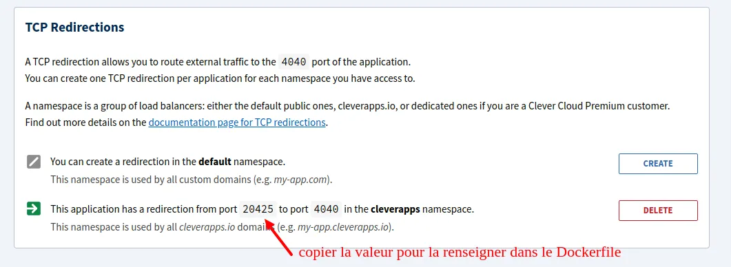 TCP Redirect écran CleverCloud