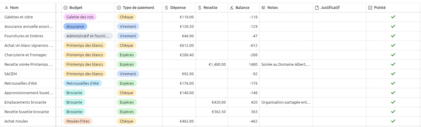 Table Transactions dans Airtable : nom, budget, type de paiement, dépense, recette, balance, notes et pointage