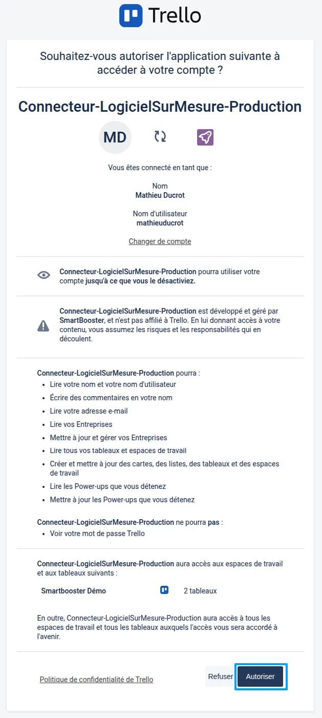 Page Trello de résumé avant autorisation du token