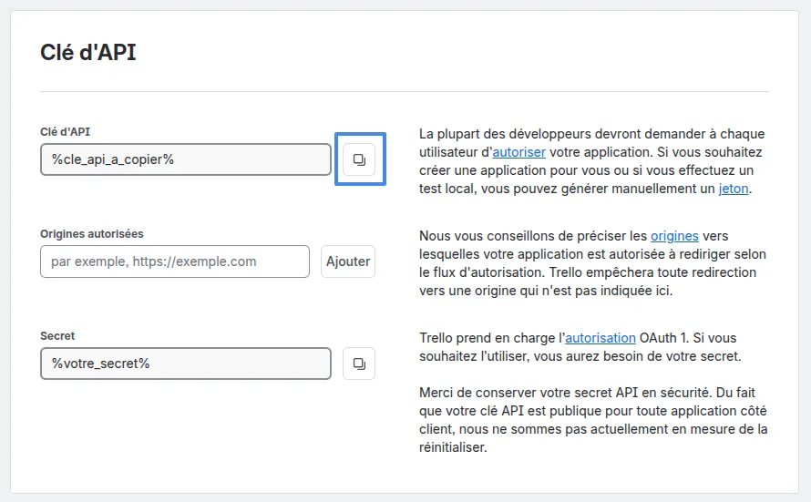 Trello visualisation du l'api key du power up