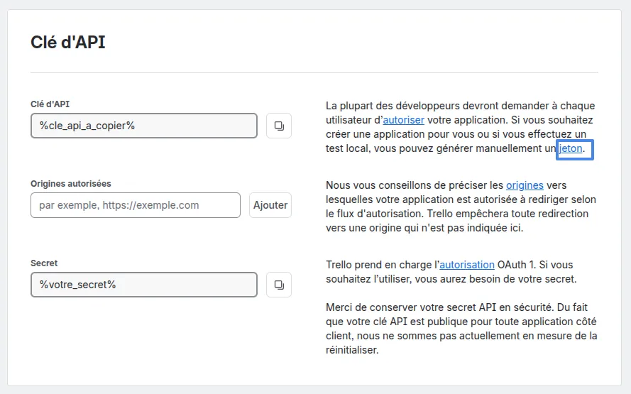 Trello lien de génération du token lié à l'api key