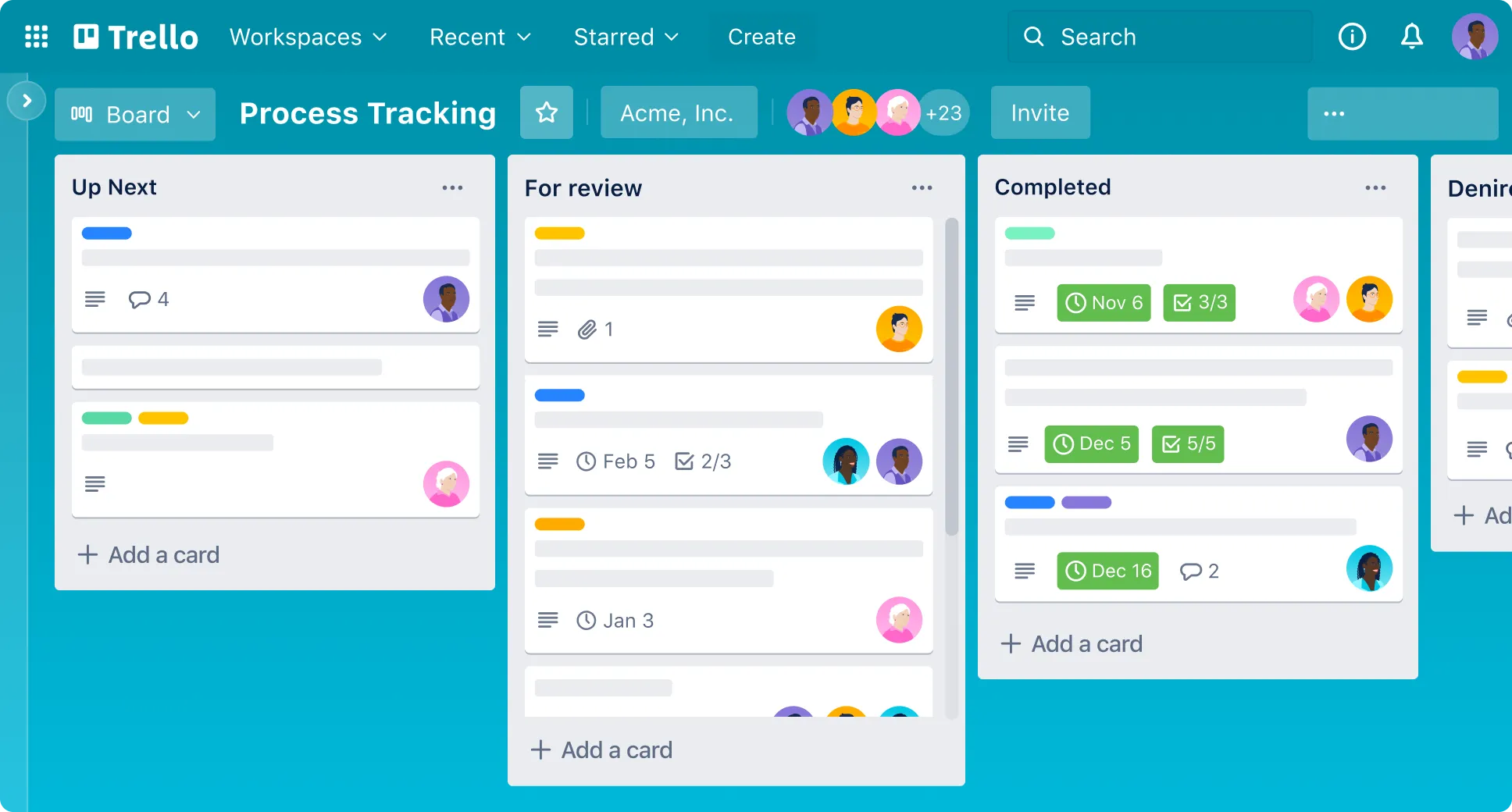 Interface Trello : vue tableau Kanban avec cartes et listes