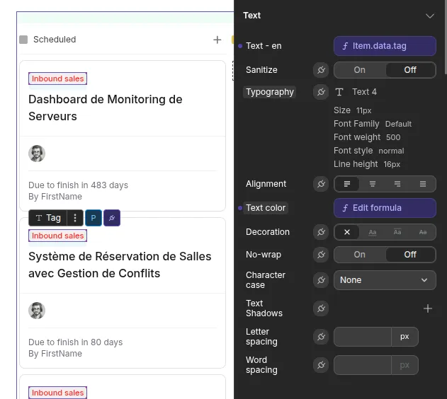 Panneau de style WeWeb d’un label : onglets multiples (Layout, Spacing, Typography...) à parcourir pour modifier l’apparence d’un seul élément