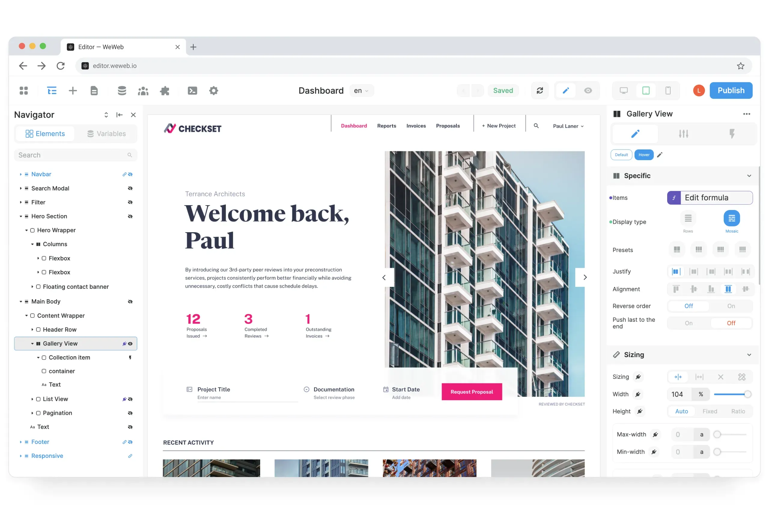 Interface WeWeb : éditeur visuel no-code avec composants Vue.js